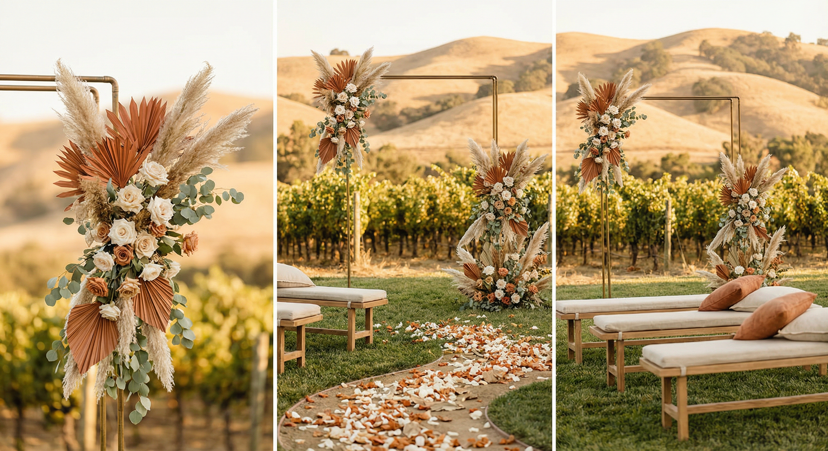 Vineyard wedding ceremony with modern arch and pampas grass