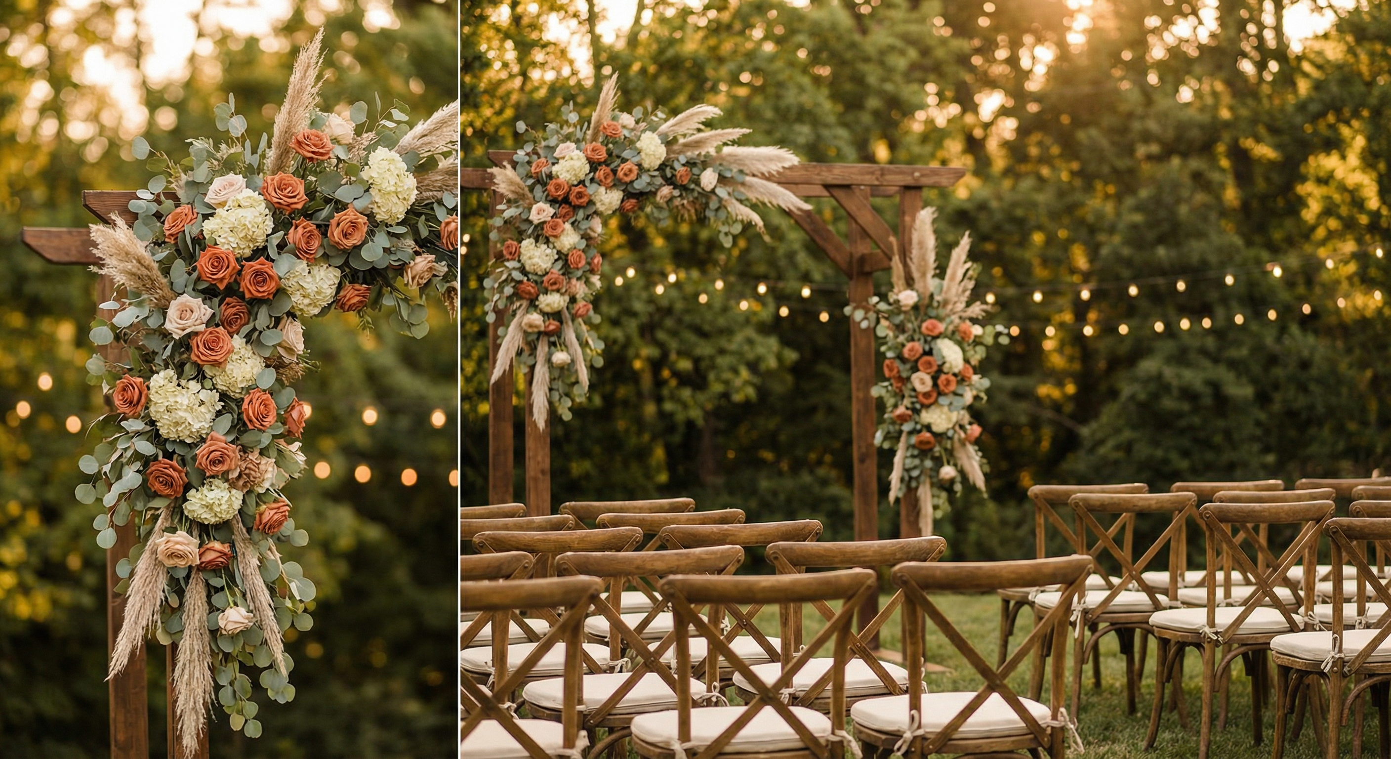 Outdoor wedding ceremony setup with floral arch and cross-back chairs