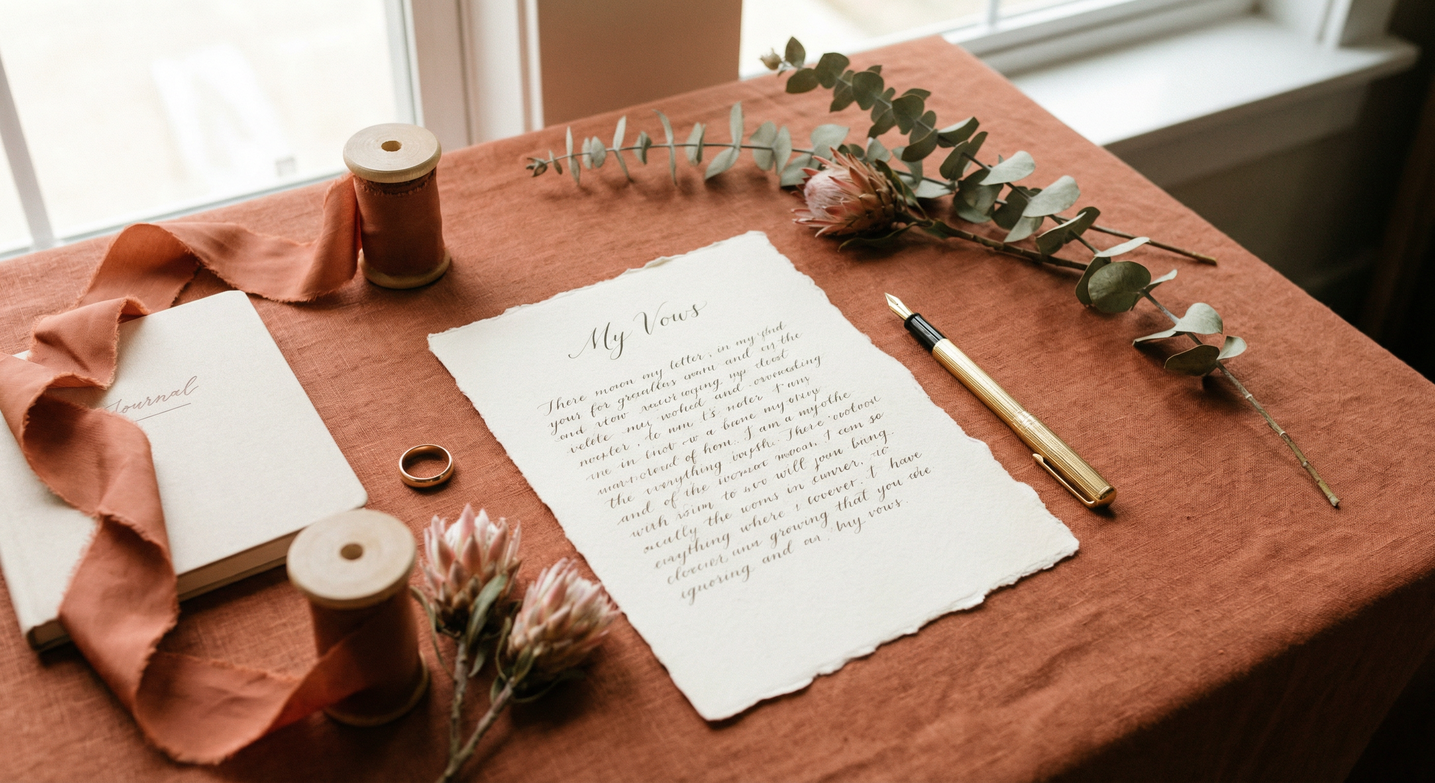 Handwritten vows on cream paper with dried flowers and gold ring